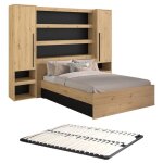 Lit pont 140 x 190 / 200 cm avec rangements - avec leds - coloris : naturel et noir + sommier - varly ...