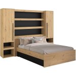 Lit pont 140 x 190 / 200 cm avec rangements - avec leds - coloris : naturel et noir - varly