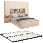 Lit pont 160 x 200 cm avec rangements - avec leds - coloris : beige et naturel + sommier - domelito
