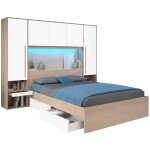 Lit pont 160 x 200 cm avec rangements - avec leds - coloris : naturel et blanc brillant - velona