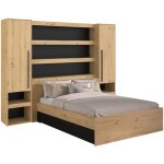 Lit pont 160 x 200 cm avec rangements - avec leds - coloris : naturel et noir - varly