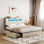 Lit rembourr� 140 x 190 cm, flanelle + velours, lit double, 4 tiroirs, avec usb, type - c et �clairage ...