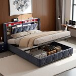 Rosahqnda - lit rembourré 140 x 200 cm, tête de lit avec rangement, led et port de charge usb, lit gonflable, ... Rosahqnda - lit rembourré 140 x 200 cm, tête de lit avec rangement, led et port de charge usb, lit gonflable, ...