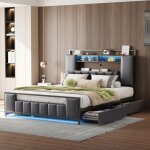 Okwish - lit adulte 140x200 cm, lit double rembourré avec tiroirs, chevet de rangement, éclairage led ... Okwish - lit adulte 140x200 cm, lit double rembourré avec tiroirs, chevet de rangement, éclairage led ...