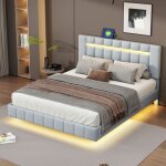 Lit rembourr 160 x 200 cm, cadre de lit suspendu capitonn avec clairage led et tte de lit design, ...