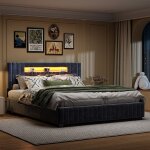 Lit rembourr�, 160 x 200 cm, lit double en tissu velours avec rangement et t�te de lit � �clairage led, ...