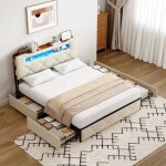 Lit rembourr� 160 x 200 cm, flanelle + velours, lit double, 4 tiroirs, avec usb, type - c et �clairage ...