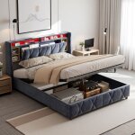Rosahqnda - lit rembourré 160 x 200 cm, tête de lit avec rangement, led et port de charge usb, lit gonflable, ... Rosahqnda - lit rembourré 160 x 200 cm, tête de lit avec rangement, led et port de charge usb, lit gonflable, ...