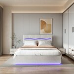 Lit rembourr, 160 x 200, lit double en tissu pu avec clairage led et tte de lit rglable, lit hydraulique ...