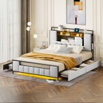 Lit adulte 160x200 cm, lit double rembourré avec tiroirs, chevet de rangement, éclairage led et prise ... Lit adulte 160x200 cm, lit double rembourré avec tiroirs, chevet de rangement, éclairage led et prise ...