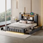 Okwish - lit adulte 160x200 cm, lit double rembourré avec tiroirs, chevet de rangement, éclairage led ... Okwish - lit adulte 160x200 cm, lit double rembourré avec tiroirs, chevet de rangement, éclairage led ...