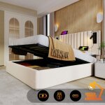 Lit coffre 160x200 cm, lit double rembourr� avec lampe de lecture, chargement usb, t�te de lit r�glable ...