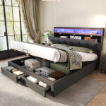 Lit rembourr� 180 x 200 cm avec �clairage led, lit coffre avec tiroirs et compartiments de rangement, ...