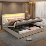 Lit coffre 180x200 cm, lit double moelleux, lit adulte avec rangement et clairage led, en cuir artificiel, ...