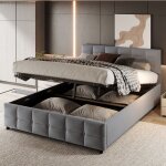Lit coffre 180x200 cm, lit adulte avec sommier � lattes, tissu en velours hollandais gris, sans matelas ...