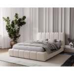 Lit rembourr� 200x200 milan - lit double avec rangement, sommier � lattes - lit coffre, tissu boucl� ...