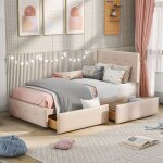 Okwish - lit simple 90x200 cm, lit enfant avec 2 tiroirs et t�te de lit r�glable, tissu en velours beige, ...