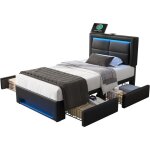 Lit rembourr� 90x190 cm avec usb, led, 4 tiroirs, , pu noir, sans matelas