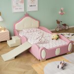 Lit rembourr� 90x200 cm avec bande lumineuse led, lit enfant avec petit toboggan et escalier, lattes ...