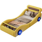 Lit rembourr� 90x200 cm, lit enfant, forme voiture, roues lumineuses, rangement, pu, jaune