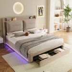 Lit rembourr� adulte 140x190cm lit double led 1 tiroir rangement et t�te de lit sommier � lattes relevage ...