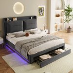 Lit rembourr� adulte 160x200cm lit double led 1 tiroir rangement et t�te de lit sommier � lattes relevage ...