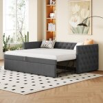 Lit rembourr�, canap� - lit gigogne 90 x 200 cm, forme compl�te classique avec boutons, avec sommier ...