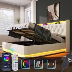 Lit coffre 160x200 cm, lit double rembourr�, avec �clairage led, usb type - c, pu, sans matelas, blanc ...