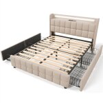 Lit rembourré avec éclairage led et 2 tiroirs?sommier à lattes en bois, beige (sans matelas) - 140x200cm ... Lit rembourré avec éclairage led et 2 tiroirs?sommier à lattes en bois, beige (sans matelas) - 140x200cm ...