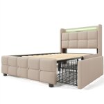 Gutent - lit rembourr avec clairage led et 2 tiroirs, sommier  lattes en bois, beige (sans matelas) ...