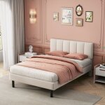 Modernluxe - lit rembourr en sherpa - avec sommier  lattes - 140x190 cm - beige