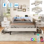 Lit simple 140x200 cm avec 2 tiroirs, t�te de lit led et rangements, chargement usb + type - c, base ...