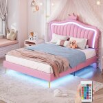 Lit simple 140x200 cm, tissu similicuir, avec clairage led, tte de lit en forme de couronne, sommier ...