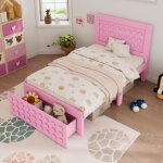 Okwish - lit simple 90x190 cm, lit enfant avec tiroirs et cadre en bois massif, rose, sans matelas