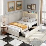 Lit simple 90x190 cm en velours beige, avec 2 tiroirs de rangement, sommier � lattes en bois, t�te de ...