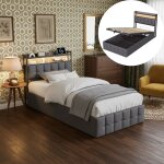 Lit simple 90x200 cm, 1 places, lit avec rangement, t�tes de lit led, usb, �tag�res, sommier � lattes ...