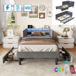 Lit simple 90x200 cm avec 2 tiroirs, t�te de lit led et rangements, chargement usb + type - c, base � ...