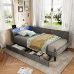 Lit simple 90x200 cm, canap� lit avec �clairage led et prise usb, lit 1 personne avec 2 tiroirs, tete ...