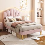 Lit simple 90x200 cm, lit capitonn� avec t�te de lit coquillage r�glable et pieds dor�s - rose, sans ...
