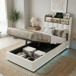 Lit simple 90x200 cm, lit coffre, t�te de lit avec rangement compartiments, charge usb / c, sommier � ...