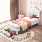 Nmonet - lit simple capitonn 90x200cm, clairage led, grands tiroirs, tte de lit couronne, sommier ...