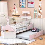 Lit simple 90x200 cm, lit enfant, lit en bois en forme de voilier avec lit gigogne, placard de rangement ...