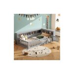 Okwish - lit simple 90x200 cm lit enfant, lit au sol avec chevet de rangement, barri�re et prise usb, ...