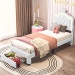 Lit simple 90x200 cm, avec t�te de lit led, boutons en forme de couronne, 2 tiroirs, tissu simili - cuir, ...