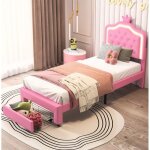 Lit simple 90x200 cm, avec t�te de lit led, boutons en forme de couronne, 2 tiroirs, tissu simili - cuir, ...