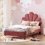 Lit simple capitonn 90x200cm, tissu velours, tte de lit en forme de fleur, sommier  lattes en bois ...