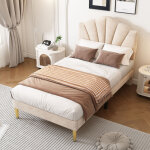 Lit simple 90x200cm t�te de lit coquille r�glable velours beige pieds m�tal dor� (sans matelas)