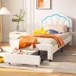 Lit simple 90x200cm - tissu flanelle, lit princesse avec t�te de lit p�tales et �clairage led, 1 tiroir, ...