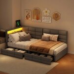 Lit simple adulte 90x200 avec tiroirs, lit banquette avec sommier, 1 place, t�te de lit en forme de l ...