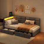 Lit simple adulte 90x200 avec tiroirs, lit banquette avec sommier, 1 place, tte de lit en forme de l ...